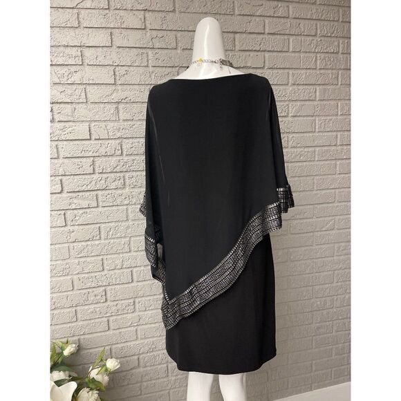 SLNY Women Navy With Sliver Metallic Trim Capelet Sheath Dress Size 8 - Picture 6 of 12